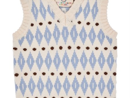 Copenhagen Colors Cream Blue Combi Harlequin Merino Classic Vest Discount